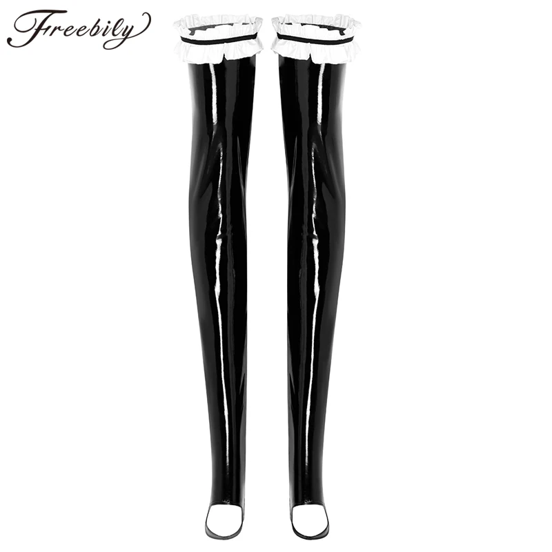 

Women Sexy Latex Stockings Lady's Black PVC Pole Dance Leather Erotic Clubwear Length Knee High Stay Up Ruffled Stockings