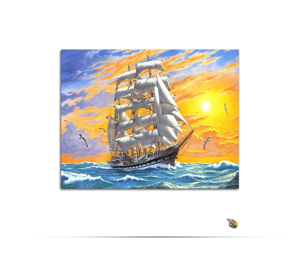 Sunrise Sea Boat DIY Набор для рисования по номерам, краски на холсте, каллиграфия, пейзаж,, домашний декор