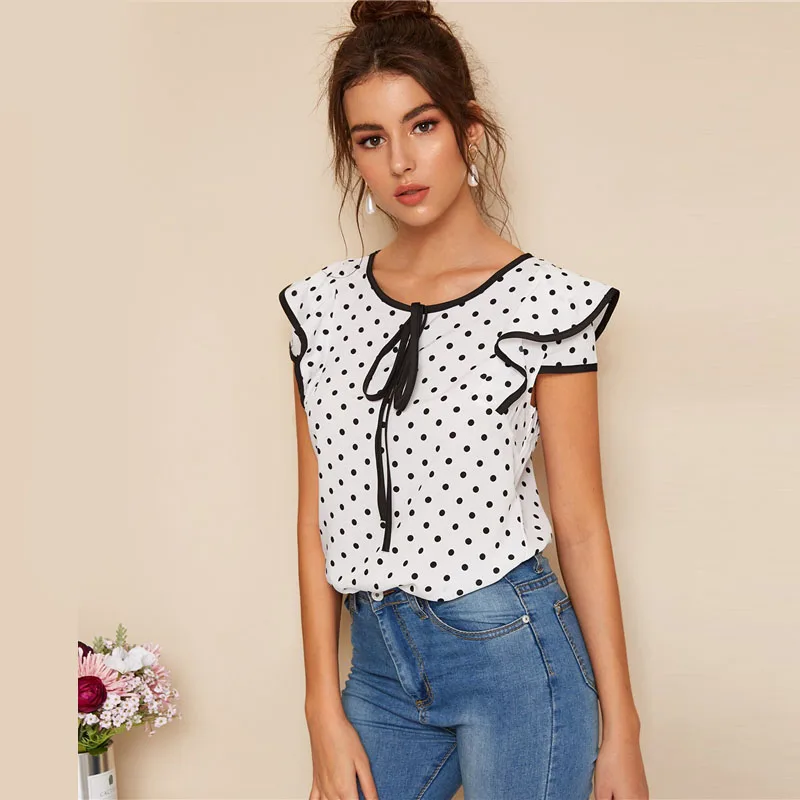Dotfashion, белая блузка в горошек с узлом, окантовка, женская блузка, лето, Опрятный дизайн, рукав-крылышко, одежда для девушек, молодых, корейский стиль, модные топы
