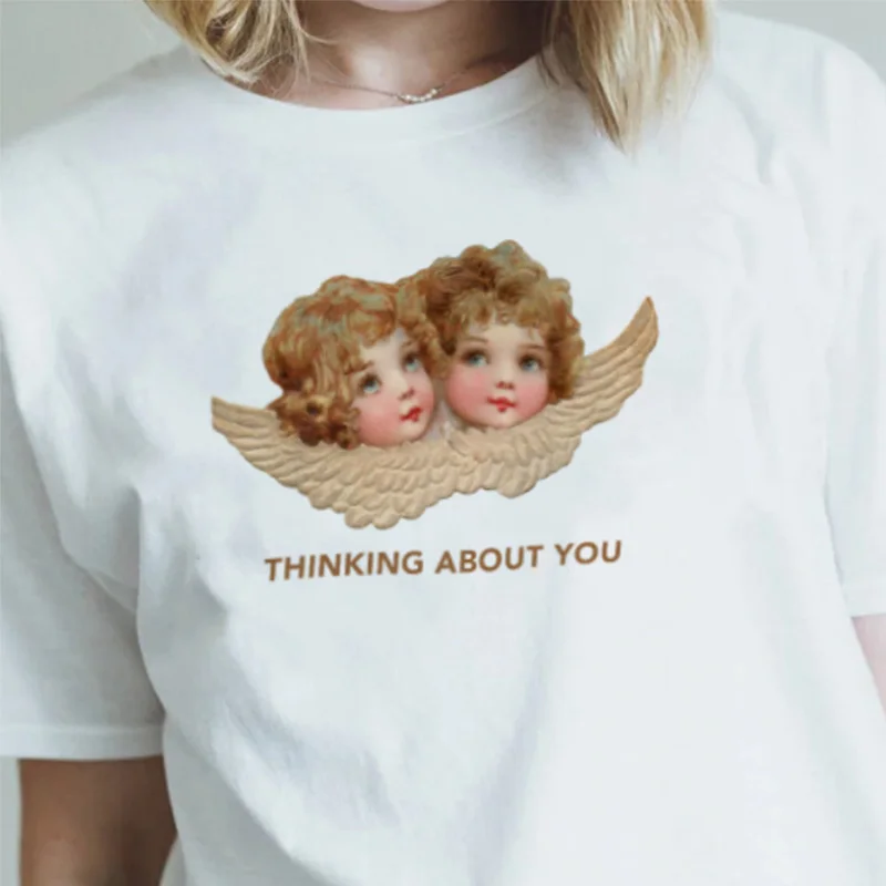 Винтаж Fiorucci футболка Для женщин ангелов думая о вас Забавные футболки с графикой