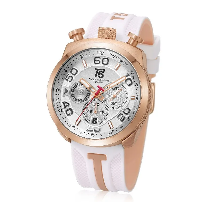 White Rosegold Роскошные мужские часы с резиновым ремешком T5 золотого и черного цвета, кварцевые часы с хронографом, подарок, водонепроницаемые спортивные мужские часы, мужские наручные часы - Цвет: White Rosegold