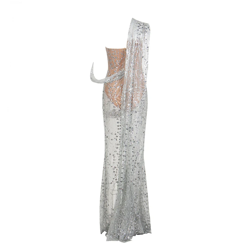 Женское платье с блестками длинное на одно плечо для вечеринки коктейльное