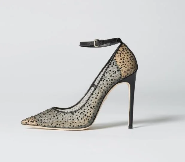 

Sapato Feminino Pointed Toe Black Mesh Pumps Crystal Embellished High Heels Slinge Strap Ladies Shoes Stiletto Heel Wedding Shoe