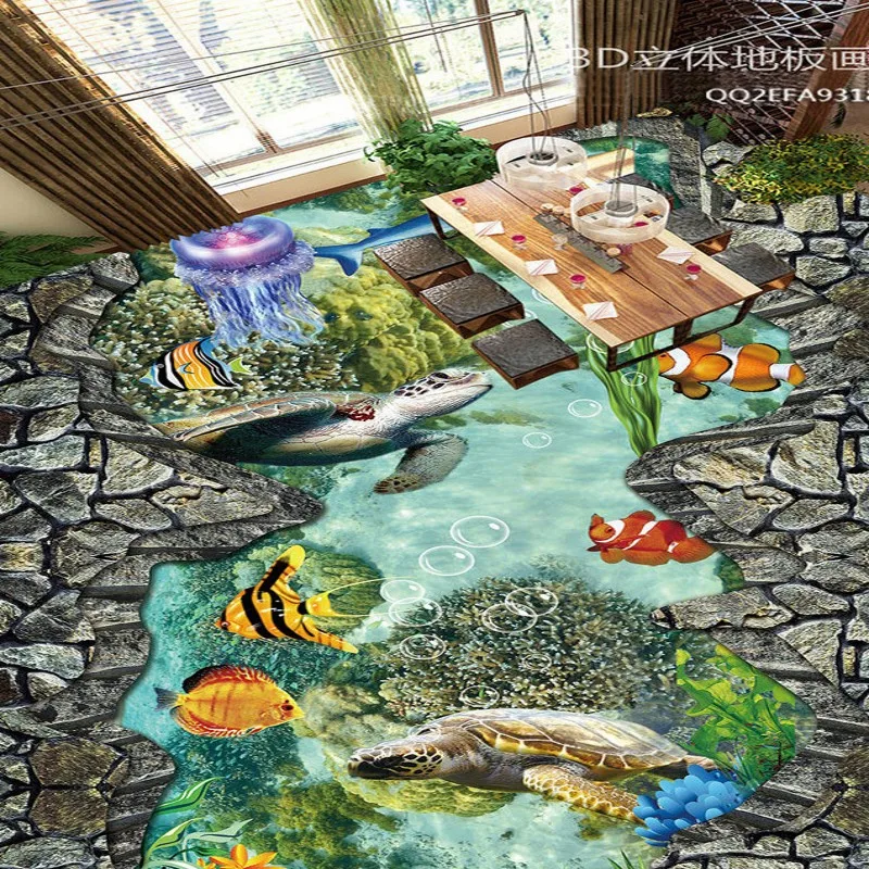 

Free Shipping self-adhesive floor mural Sea World Coral Tropical Fish 3D Stereo Painting Flooring wallpaper