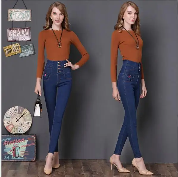 Модные женские джинсовые брюки с эластичной резинкой на высокой талии