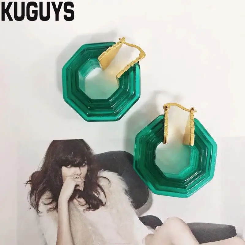 KUGUYS латунные большие серьги для женщин прозрачные зеленые модные ювелирные