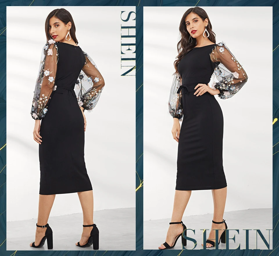 SHEIN черное платье-карандаш с аппликацией и вышитыми сетчатыми рукавами, женские осенние элегантные повседневные платья-карандаш с вырезом лодочкой