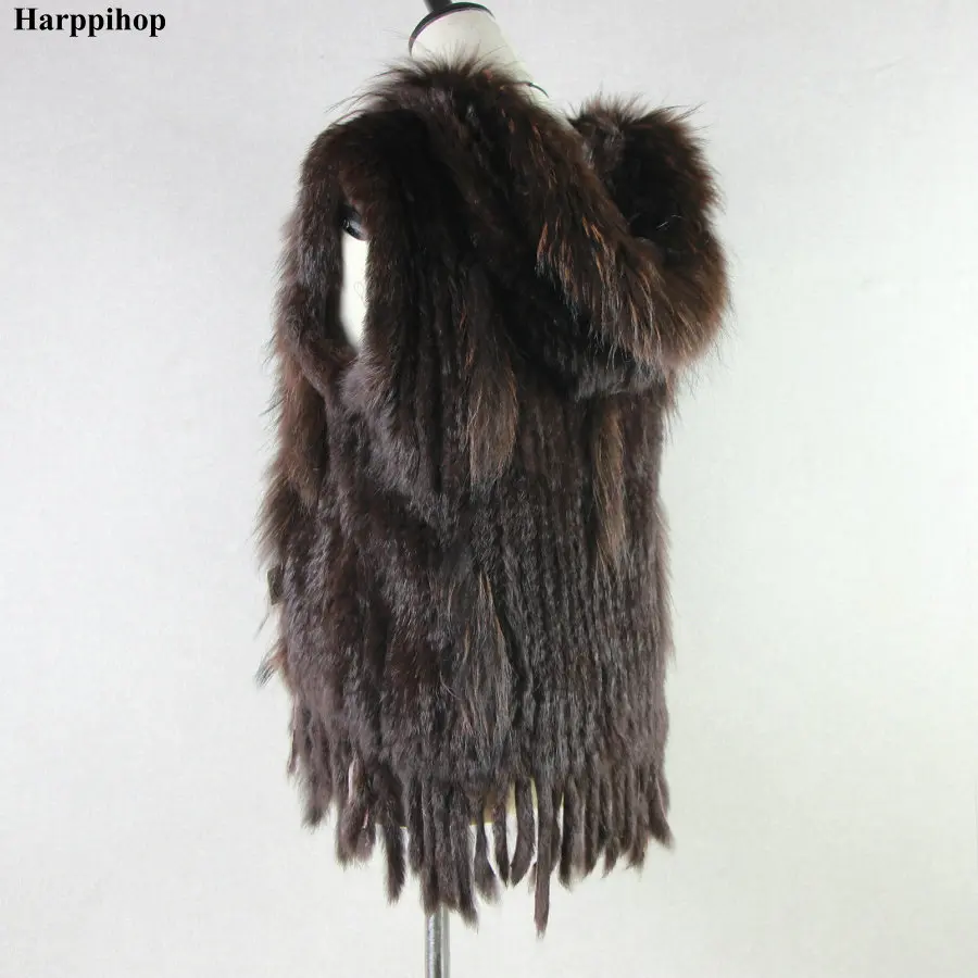 fashion rabbit fur vest raccoon fur trimming knitted rabbit fur vest with hood fur waistcoat gilet
