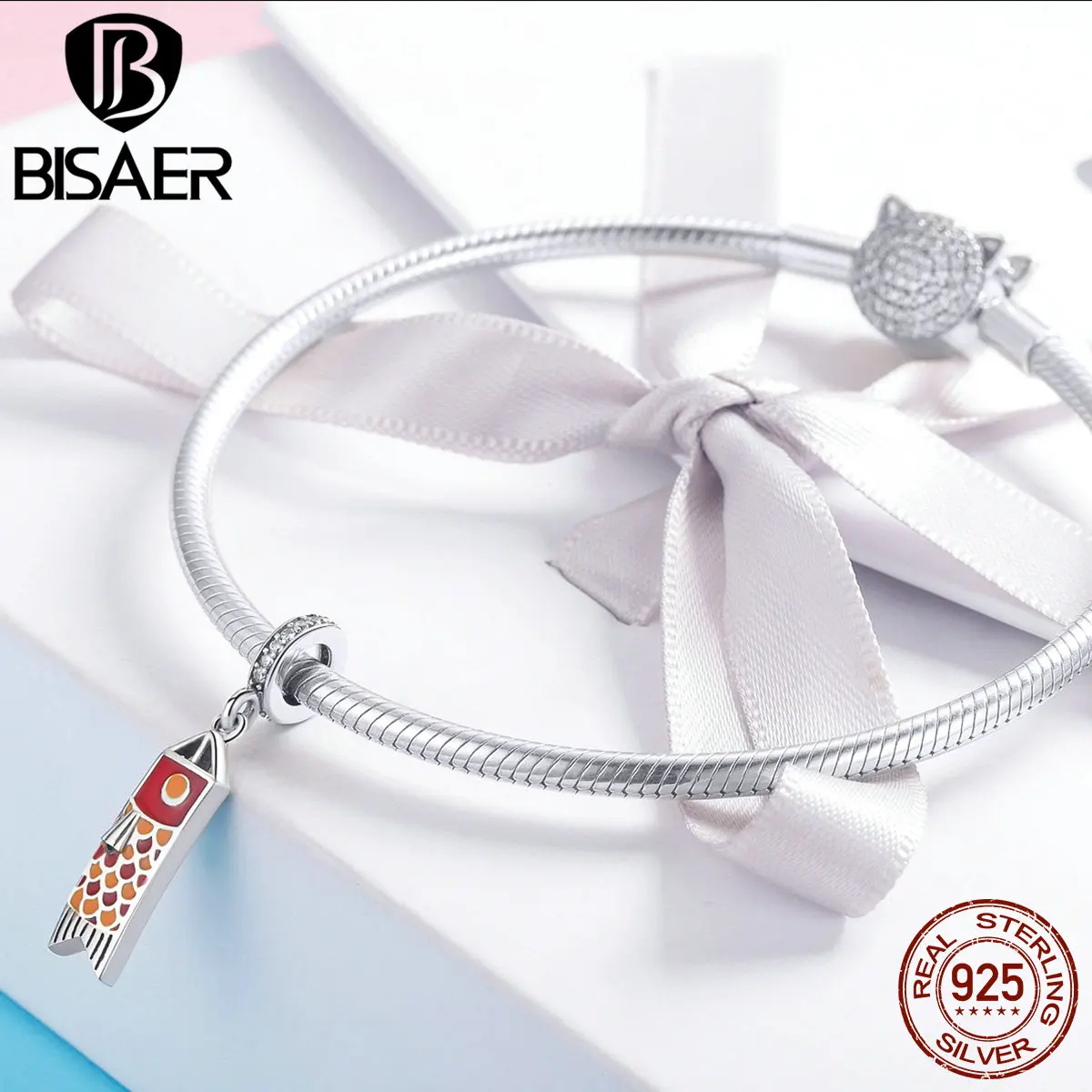 BISAER 925 Sterling Silver Original Design Japanese Carp Streamer Koinobori Pendant Charm for Women Charms Bracelet Gift GXC1085 | Украшения