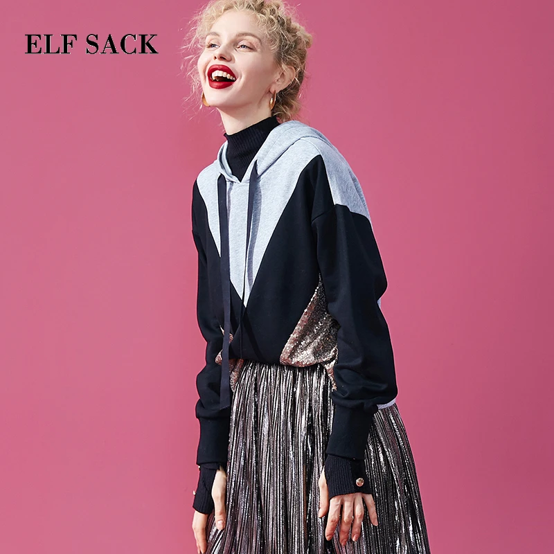 ELFSACK, Осенние новые женские свитшоты, хлопковые Повседневные вязаные женские толстовки с капюшоном в стиле Харадзюку, Лоскутная Женская толстовка, топы