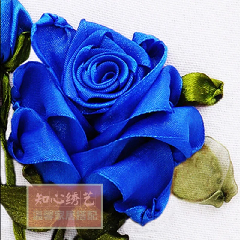 Ribbon embroidery paintings flower blue rose ribbon three-dimensional cross-stitch new arrival wedding kit | Дом и сад