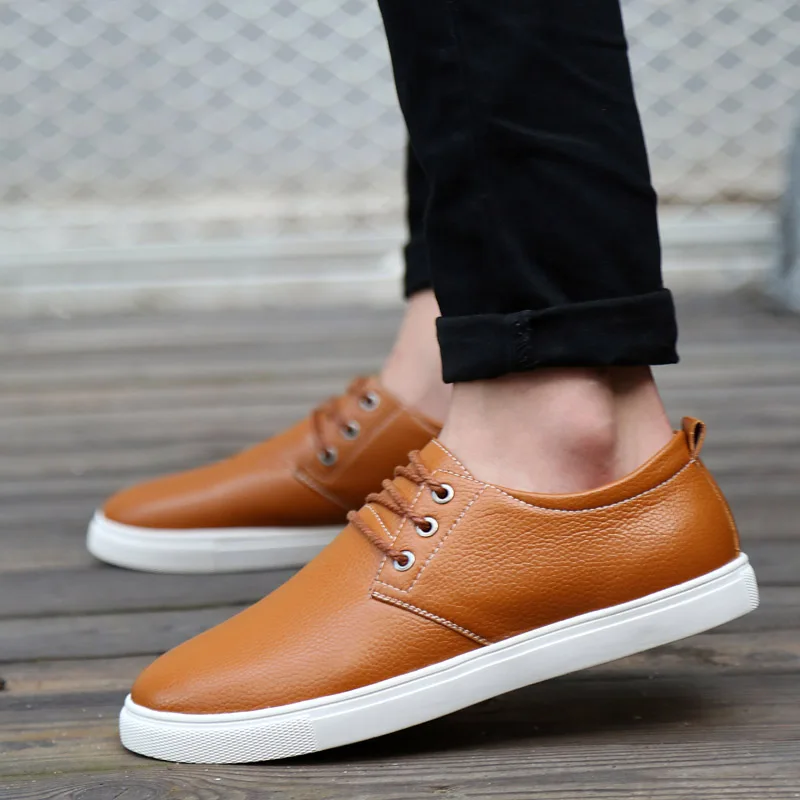 Pop Nice Korean Men Casual Shoes Spring Autumn Male Fashion Large Lace-Up Leather Flats Man Big Size Low Top Waterproof | Обувь