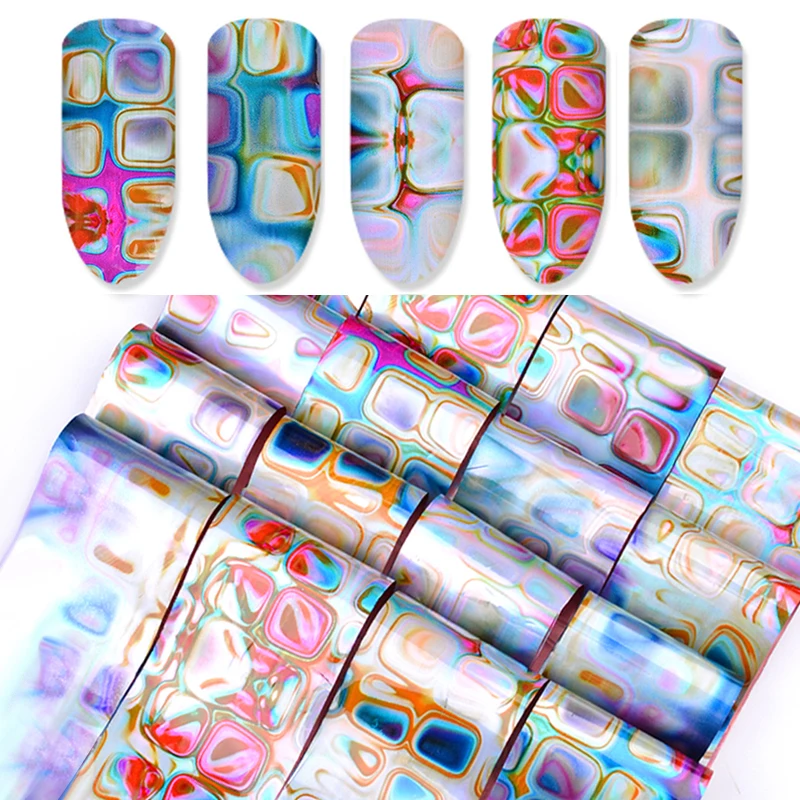 16 наборов наклеек на ногти Gradient Maze Designs с переливающимися цветами и неправильным квадратным узором.
