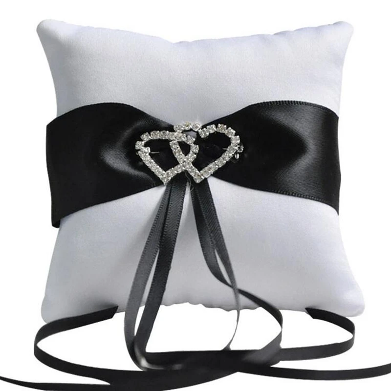Черный обручальное кольцо Подушка лента бант стразы Двойное сердце сатиновая