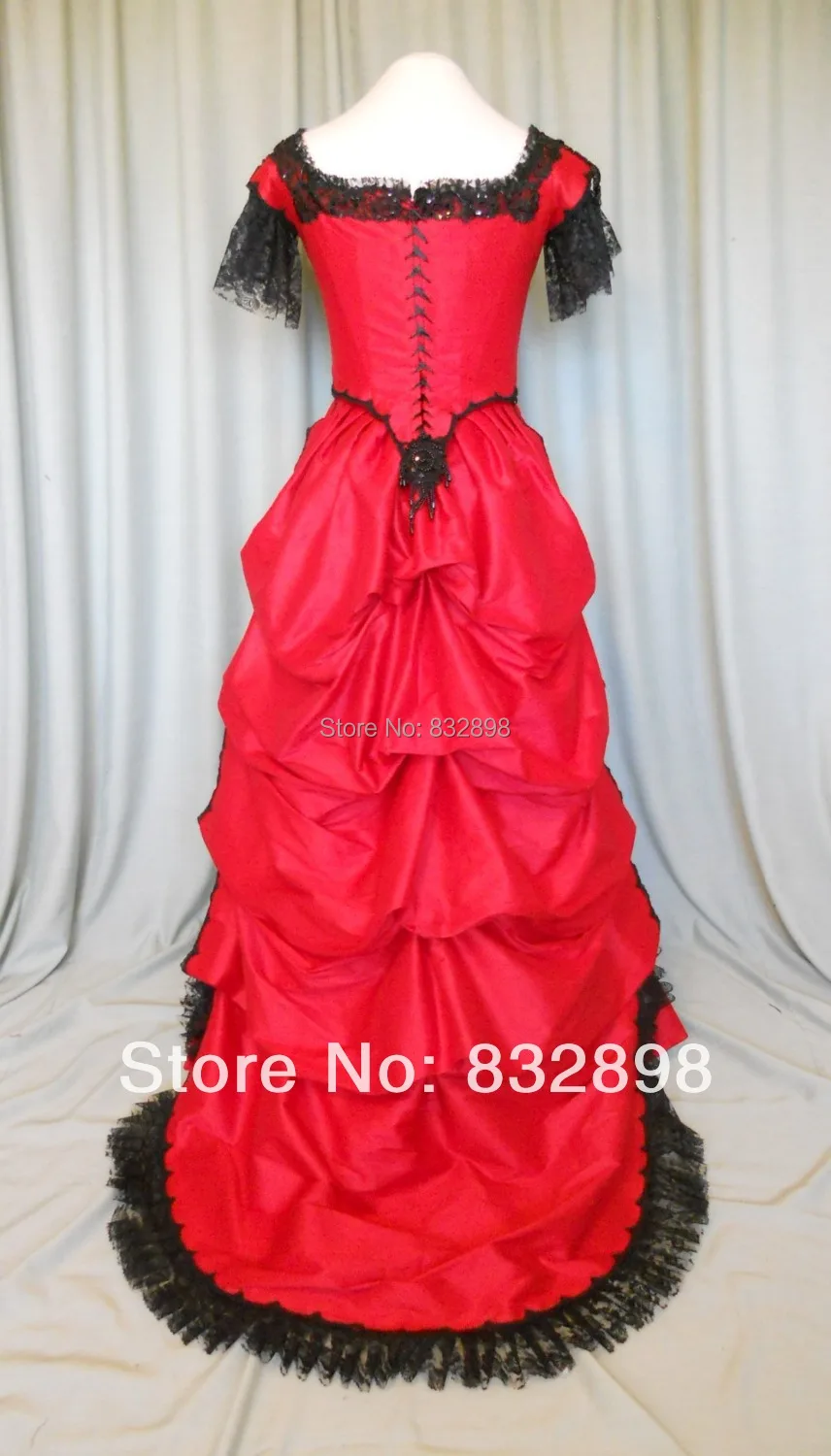 

Victorian style, ball gown in red with black lace and trims/Vintage Dress