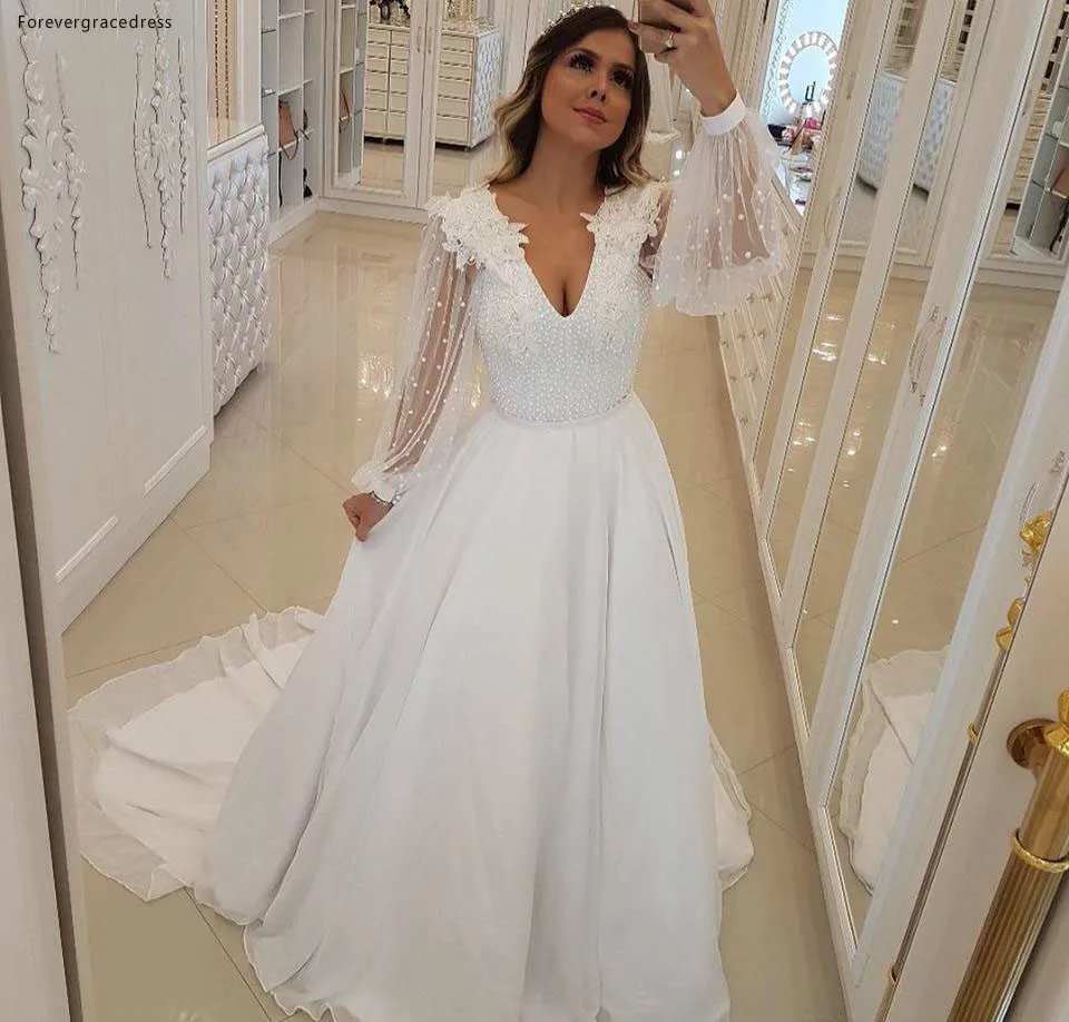 

Cheap Long Sleeves Wedding Dress A Line Appliques Beaded Boho Country Garden Church Formal Bridal Gown Custom Made Plus Size