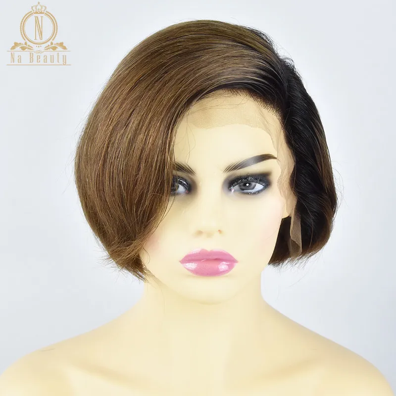 13x6 Lace Front Human Hair Short Bob Wigs Pixie Cut Ombre Color 1B 27 613 Blonde Black Straight For Women Brazilian Remy Hair