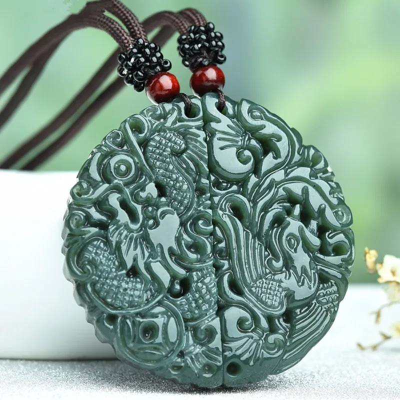 

100% Natural Green HETIAN Jade Pendant Carved Chinese Dragon Phoenix Pendant Necklace Women Men Lover's Jewelry Free Rope