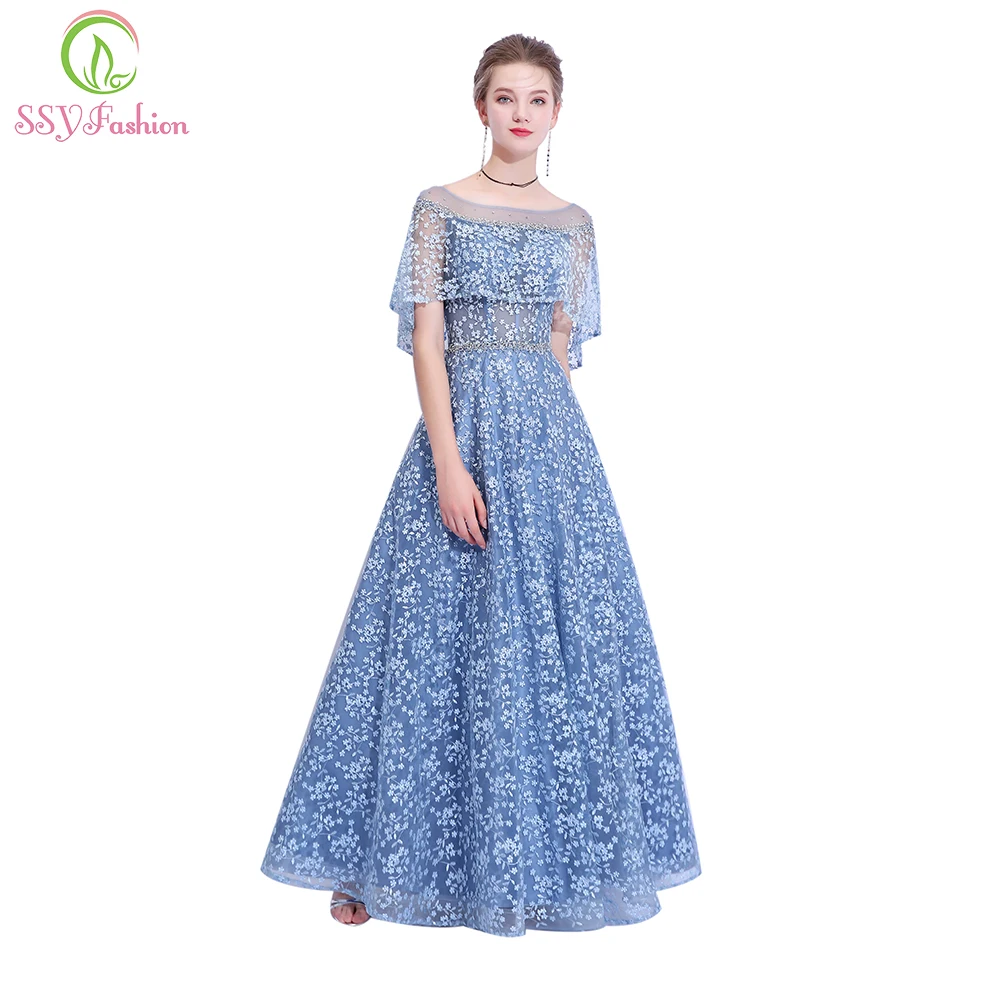 Женское вечернее платье SSYFashion серое/синее кружевное длиной до пола с вышивкой и