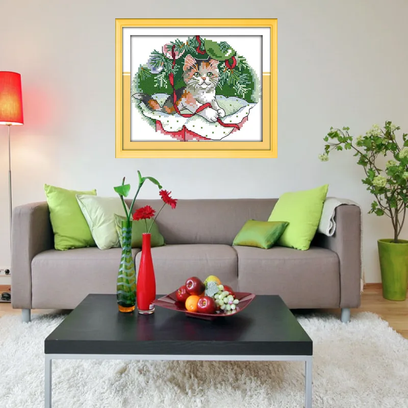 Рождественский котенок Diy картины кошка вышивка крестом китайские наборы