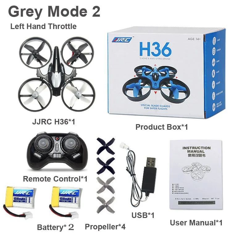 Grey H36 2battery JJRC H36/H345/H56/H70/DHD D4/ZLX H238 2,4G 4CH 6 оси Безголовый режим мини Радиоуправляемый Дрон Квадрокоптер RTF игрушки для мальчиков подарок VS E016H SG106 - Цвет: Grey H36 2battery