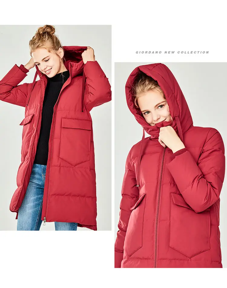 Giordano женский пуховик с длинным подолом и съемным капюшоном, Из натурального утиного пуха
