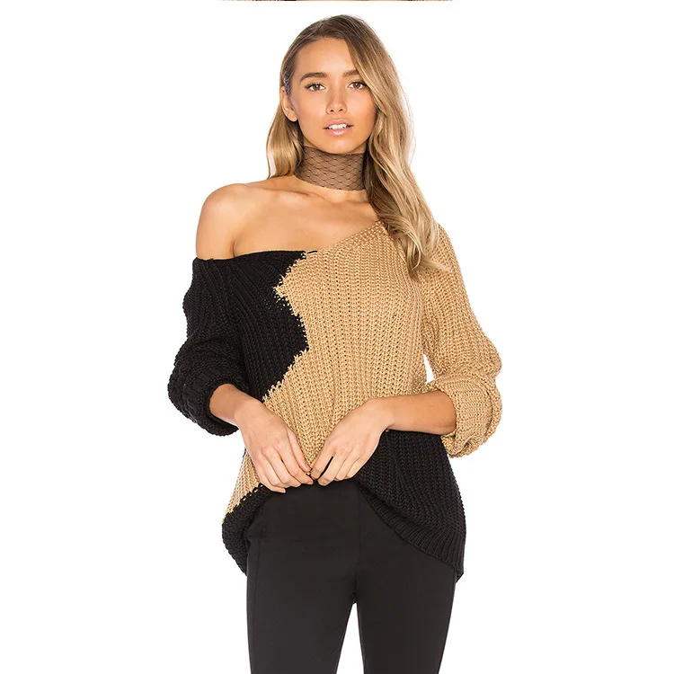 YYFS Women V-neck Sweaters Autumn Winter 2017 Pull Jumpers Patchwork Color Oversize Loose Casual Knitted Long Sleeve Sweater | Женская