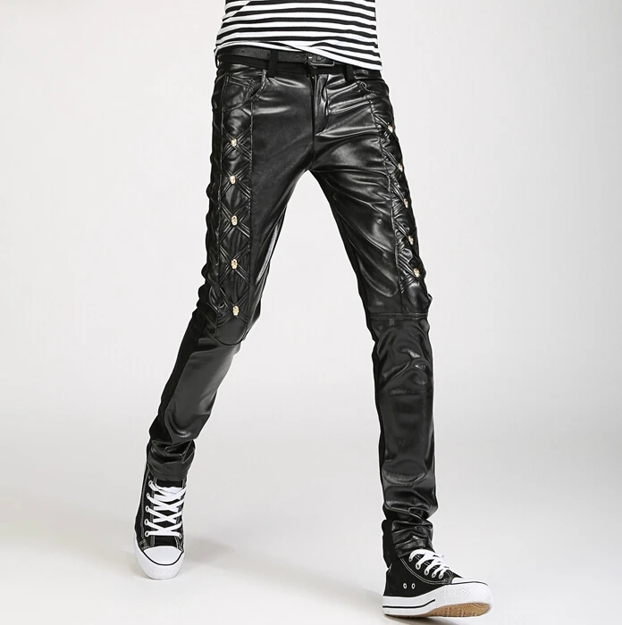 28-33 ! 2016 Korean men's locomotive stitching leather pants Slim tide male adolescent casual trousers stage costumes | Мужская