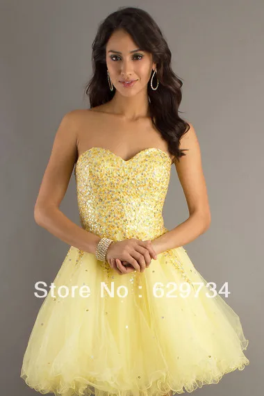 Yellow A Line Sweetheart Spaghetti Straps With Beading Dresses New Fashion Homecoming Sequins-VPS3FJY3A | Свадьбы и торжества