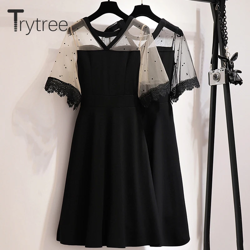Летнее Повседневное платье Trytree женское кружевное черное ТРАПЕЦИЕВИДНОЕ в