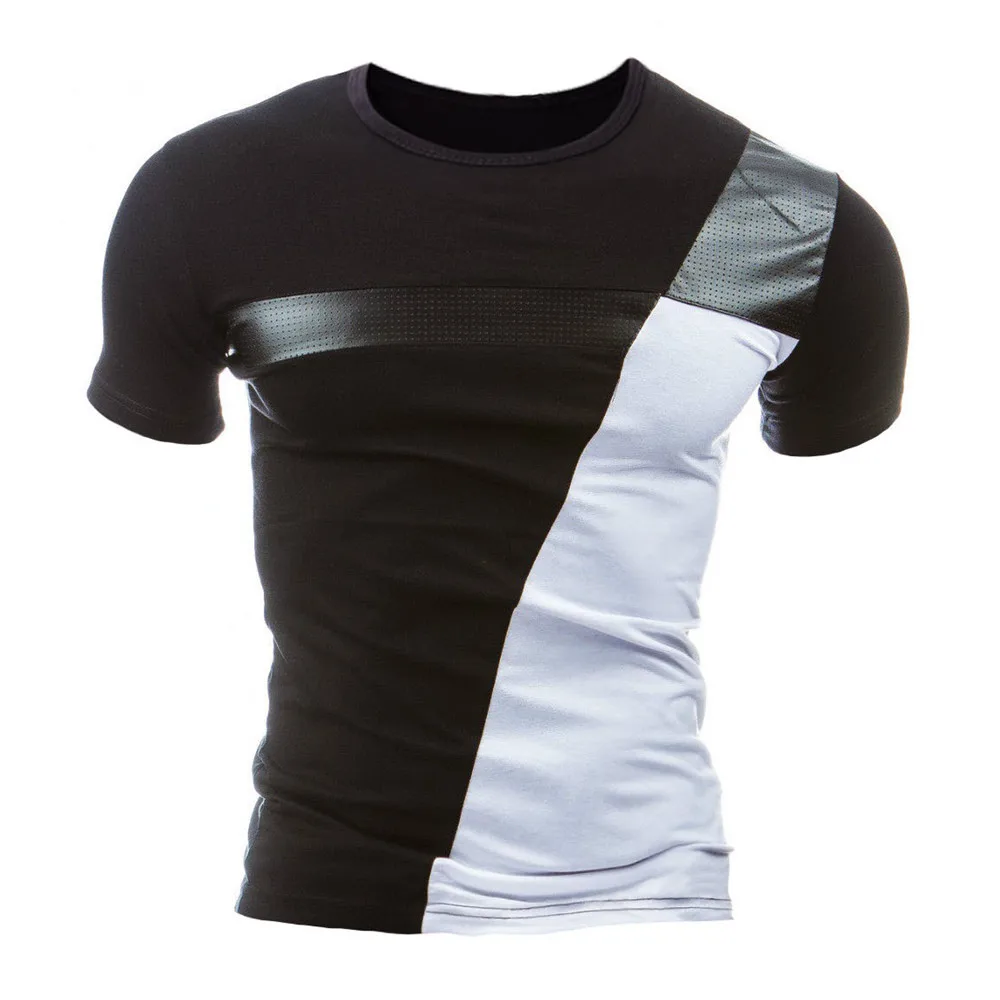 2018 Summer New Arrival High Quality PU Leather Splice Short Sleeve Men T-Shirt Fashion Cotton Casual Round Neck Leisure Time | Мужская