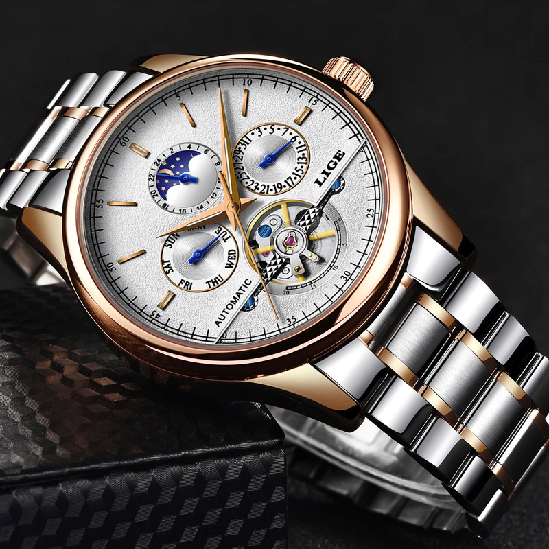 Часы наручные LIGE Мужские механические модные спортивные брендовые деловые