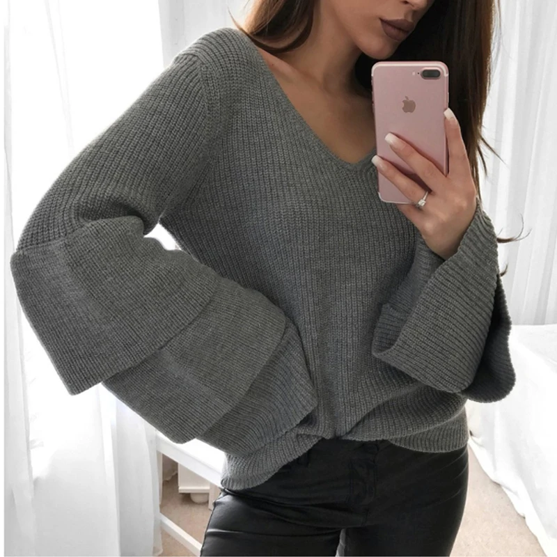 Для женщин v-образным вырезом наборный оборками рукавами пуловеры вязаный свитер