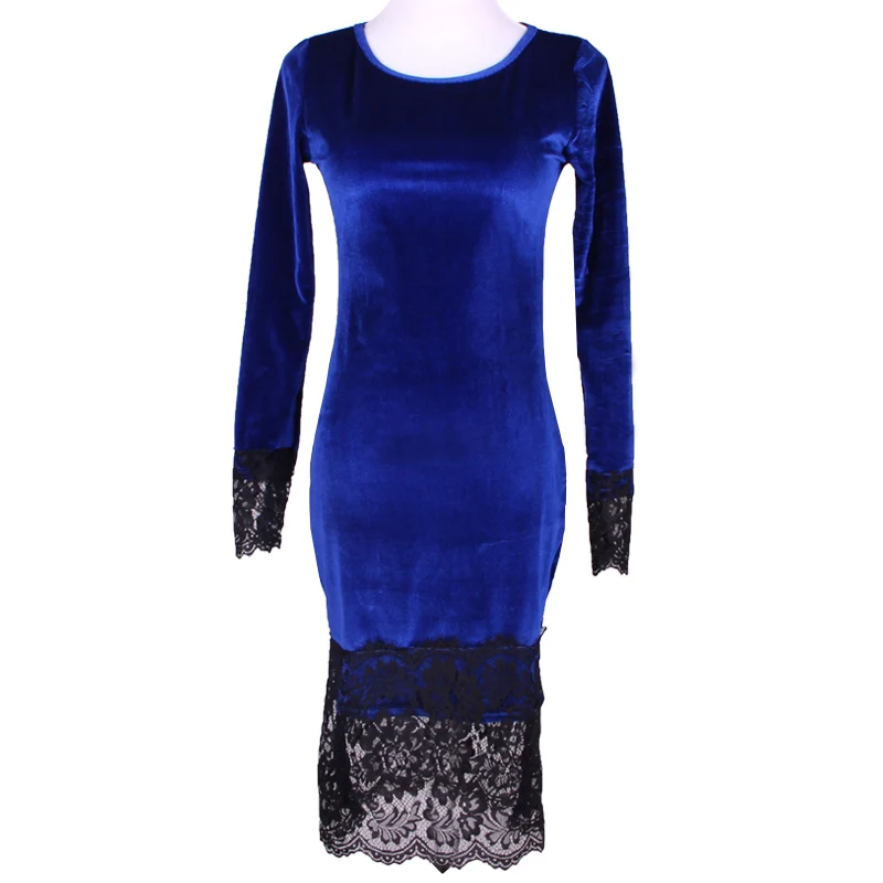 Весенняя мода синий бархатное платье с кружевными рукавами женское длинным
