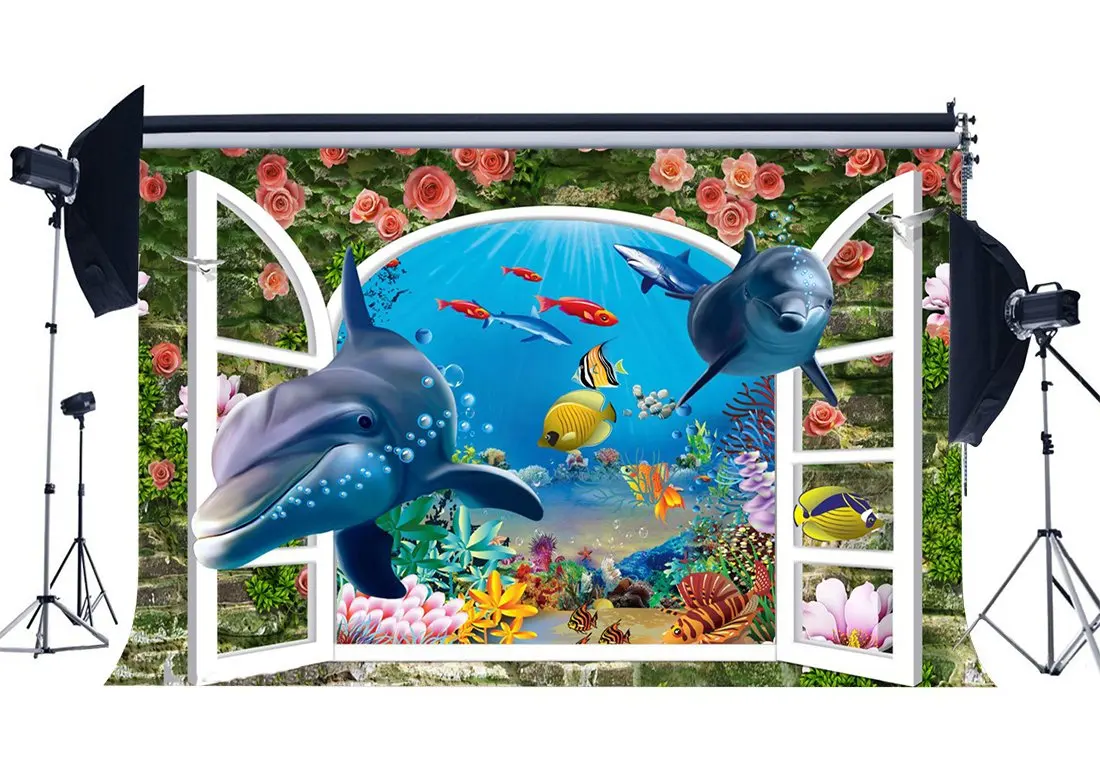 

3D Backdrop Underwater World Backdrops Fish Dolphin Crash Brick Wall Fresh Rose Flowers Photography Background