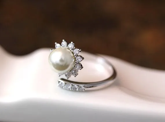 Регулируемое кольцо с жемчугом и кристаллом солнца|ring adjustable|pearl ringopen ring |