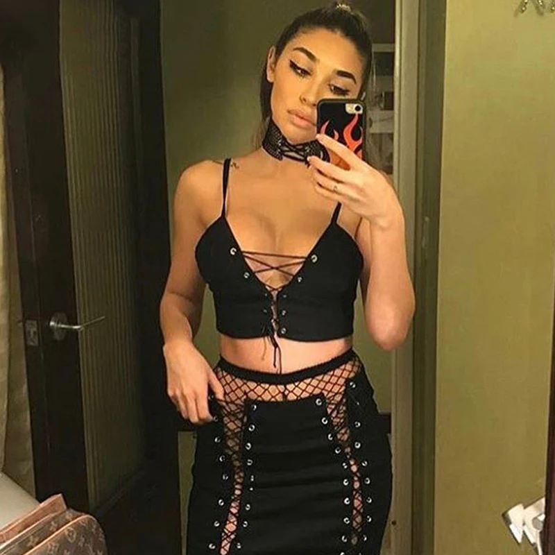На шнуровке Двойка платье комплект 2018 Сексуальная Узелок Bodycon клуб короткое лето
