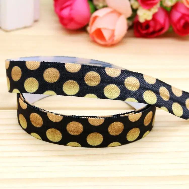 

5/8'' Free shipping Fold Elastic FOE gold color polka dots printed headband headwear hairband diy decoration wholesale OEM H4677