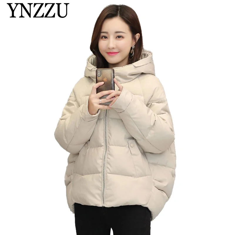 

YNZZU 2019 Hooded oversize Women's Thick Warm Parkas Winter Solid High quality Female Parka Long sleeve loose short Jacket YO861