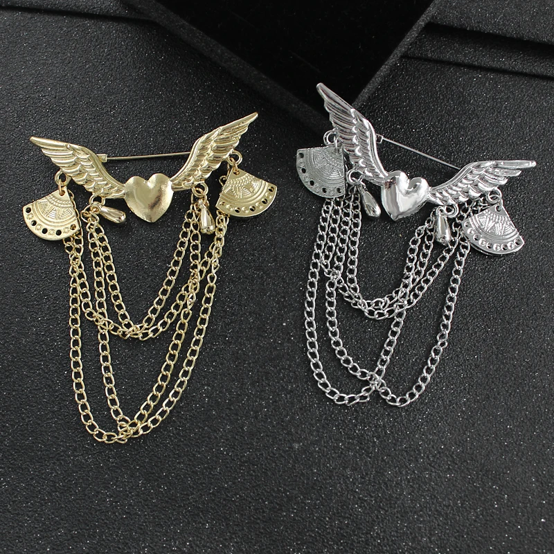 Retro fashion Angel wings Connecting metal long chain Love shape Pendant brooch Men's and women's clothing accessories | Украшения