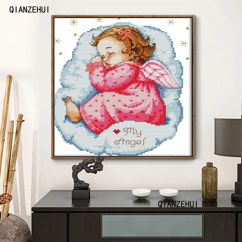 QIANZEHUI Needlework DIY characters Asleep angel boy and girl baby Cross stitch Sets For Embroidery kits Cross-Stitch Wall Decro | Дом и сад