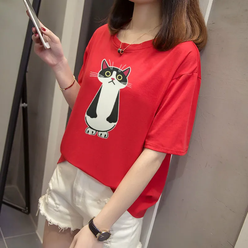 T-shirt female short-sleeved summer 2019 new printing cotton casual fashion loose thin slimming large size women's shirt | Женская