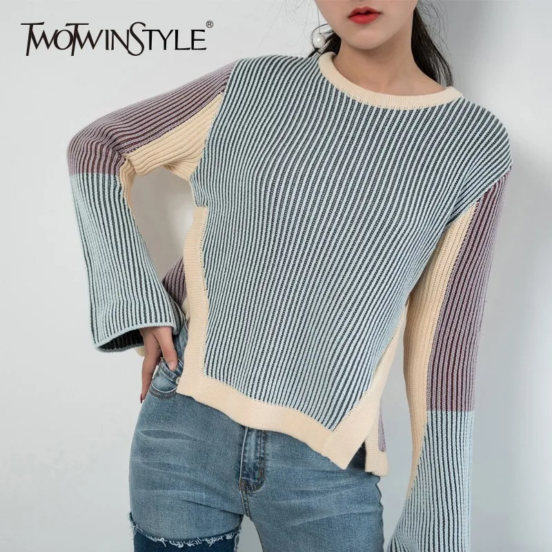 TWOTWINSTYLE осенний хит цвета свитер для женщин круглый вырез расклешенный рукав