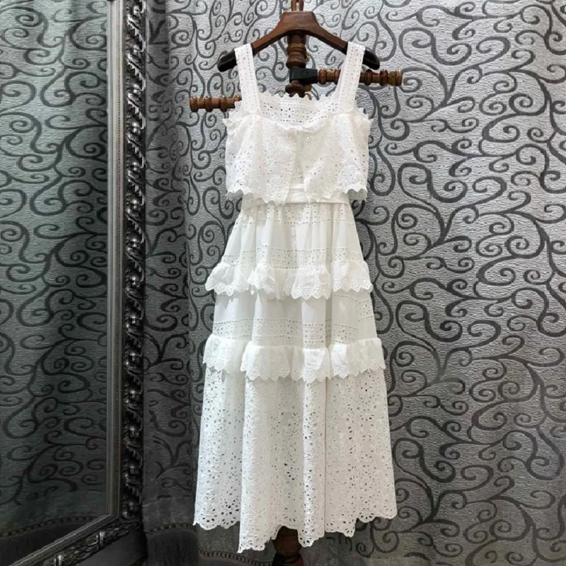

2019 Summer Fashion White Strap Dress High Quality Women Allover Hollow Out Embroidery Sleeveless A-Line Sweet Princess Dress