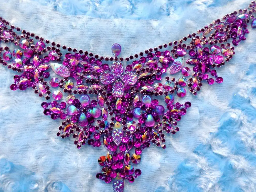 Handmade crystal patches purple sew on Rhinestones applique with stones sequins beads 32*13cm for top dress | Дом и сад