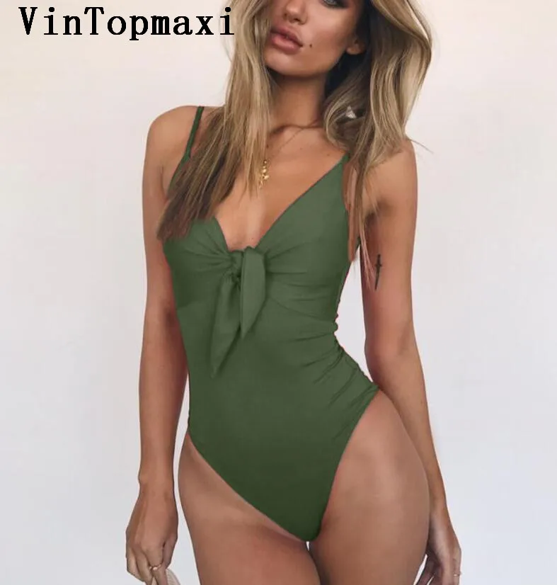 2018 Новый Однотонный женский слитный купальник с узлом на груди и бантом