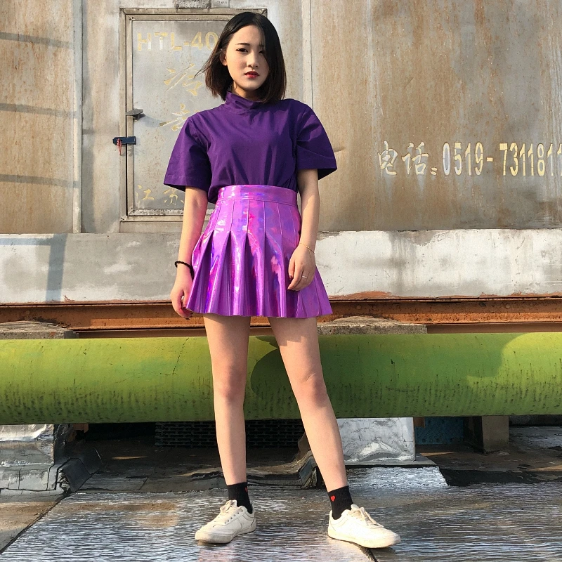 Женская плиссированная юбка Harajuku Лазерная опрятная юбка Мини Милая школьная форма Дамская Jupe из искусственной кожи кавайная юбка Saia Faldas 4DQ6101