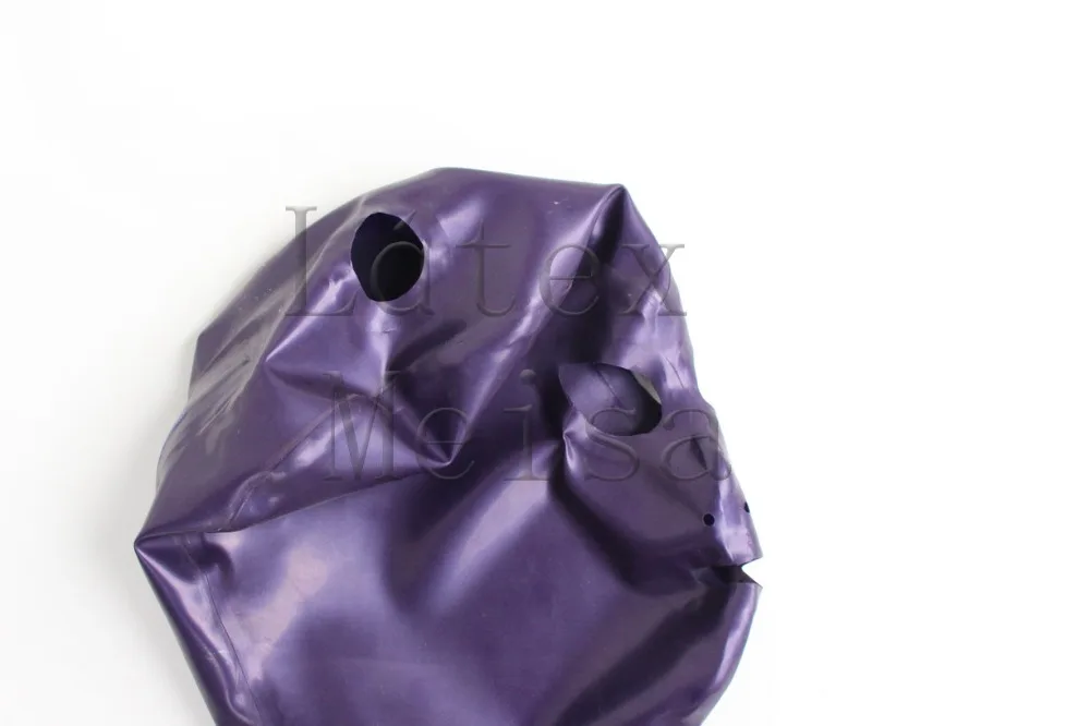 Metallic purple Fetish Latex hoods with hair holes and open eyes mouth nostrils attached back zip | Тематическая одежда и