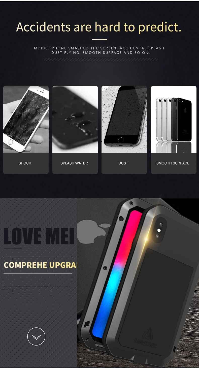 LOVE MEI сверхпрочный алюминиевый металл+ стекло Gorilla glass ударопрочный водонепроницаемый чехол для IPhone XS Max XR IPXM3