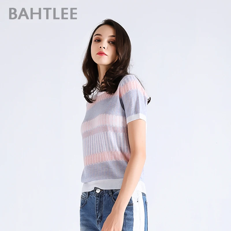 BAHTLEE Женская летняя футболка Tencel трикотажные короткие рукава оборки с круглым